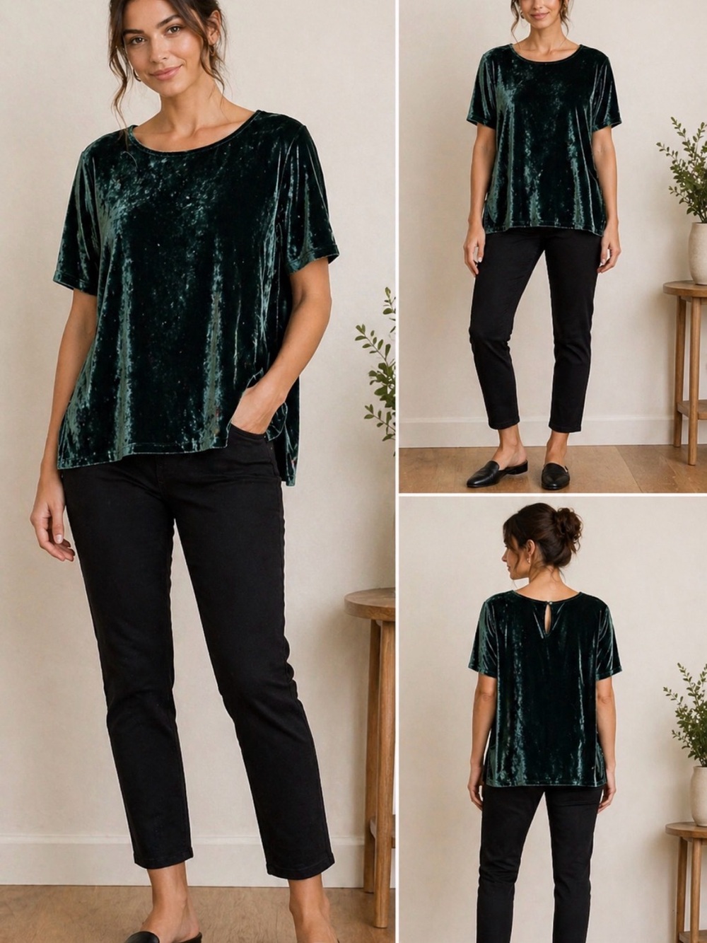 Eileen Fisher Green Velvet Top XL Short Sleeve Relaxed Fit Luxe Minimalist